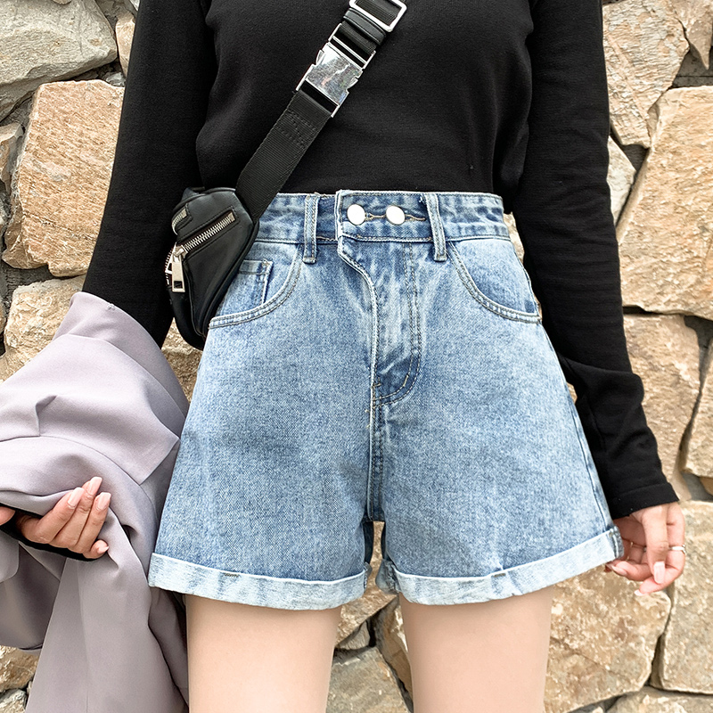 Real shooting Jeans Shorts women's spring and summer wear new retro loose curled wide leg pants students' Slim hot pants