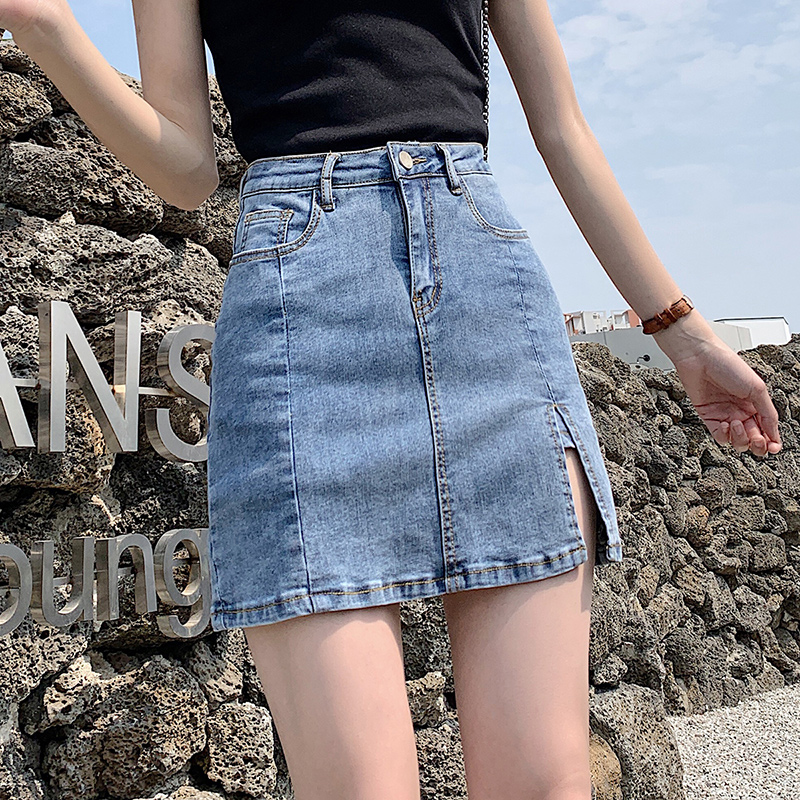 Real shot elastic denim skirt skirt skirt women's high waist anti light word short skirt pants skirt split buttock skirt