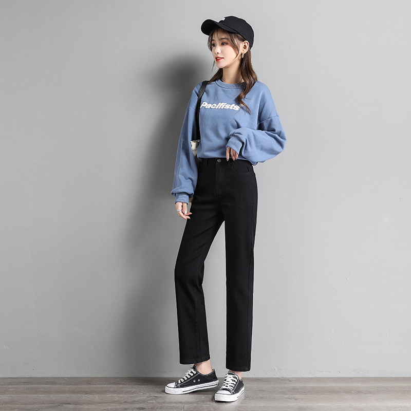 Real photo jeans women's 9-point straight Pants Small High Waist Stretch slim and thick pipe pants