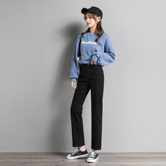 Real photo jeans women's 9-point straight Pants Small High Waist Stretch slim and thick pipe pants