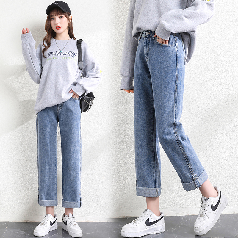 Real shot high waist denim wide leg pants women's straight tube loose spring new slim and versatile floor mop pants