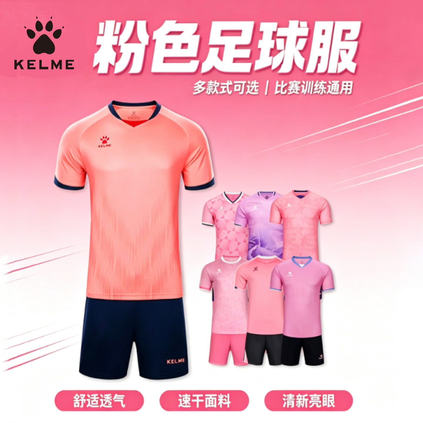 卡尔美粉色足球服套装男女短袖组队服比赛训练速干运动服可定制