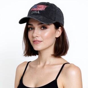 美国国旗黑色棒球帽男刺绣鸭舌帽女大头围大脸宽帽檐USA字母帽子