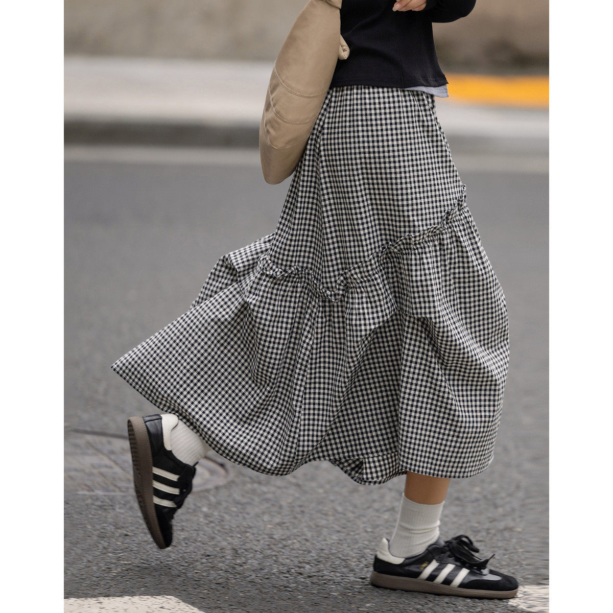 dme德玛纳【清新云朵棉】春季复古花苞木耳边松紧腰A字格子半身裙女中长款N040121322208