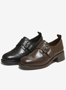 百思图2026春牛皮粗跟乐福鞋黑色布洛克皮鞋女WA101AM6