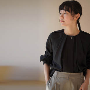 哈齿小姐 亚麻真丝混纺收褶圆领设计感气质精英宽松通勤显瘦衬衫