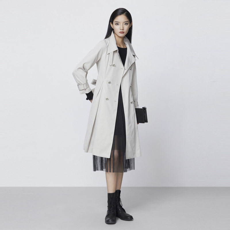 sdeer圣迪奥2021秋装时尚立领收腰双排扣长款风衣女S21381801