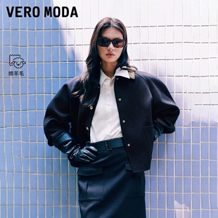 含绵羊毛拼接PU领上衣廓形版 新款 型金属纽扣休闲32544T00 Moda毛呢大衣2025冬季 Vero
