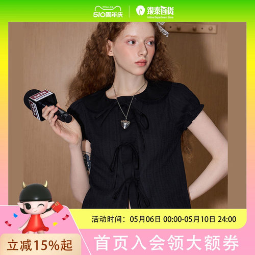 coolhut花苞袖木耳边系带蝴蝶结领2025夏季女衬衫短袖开衫上衣棉