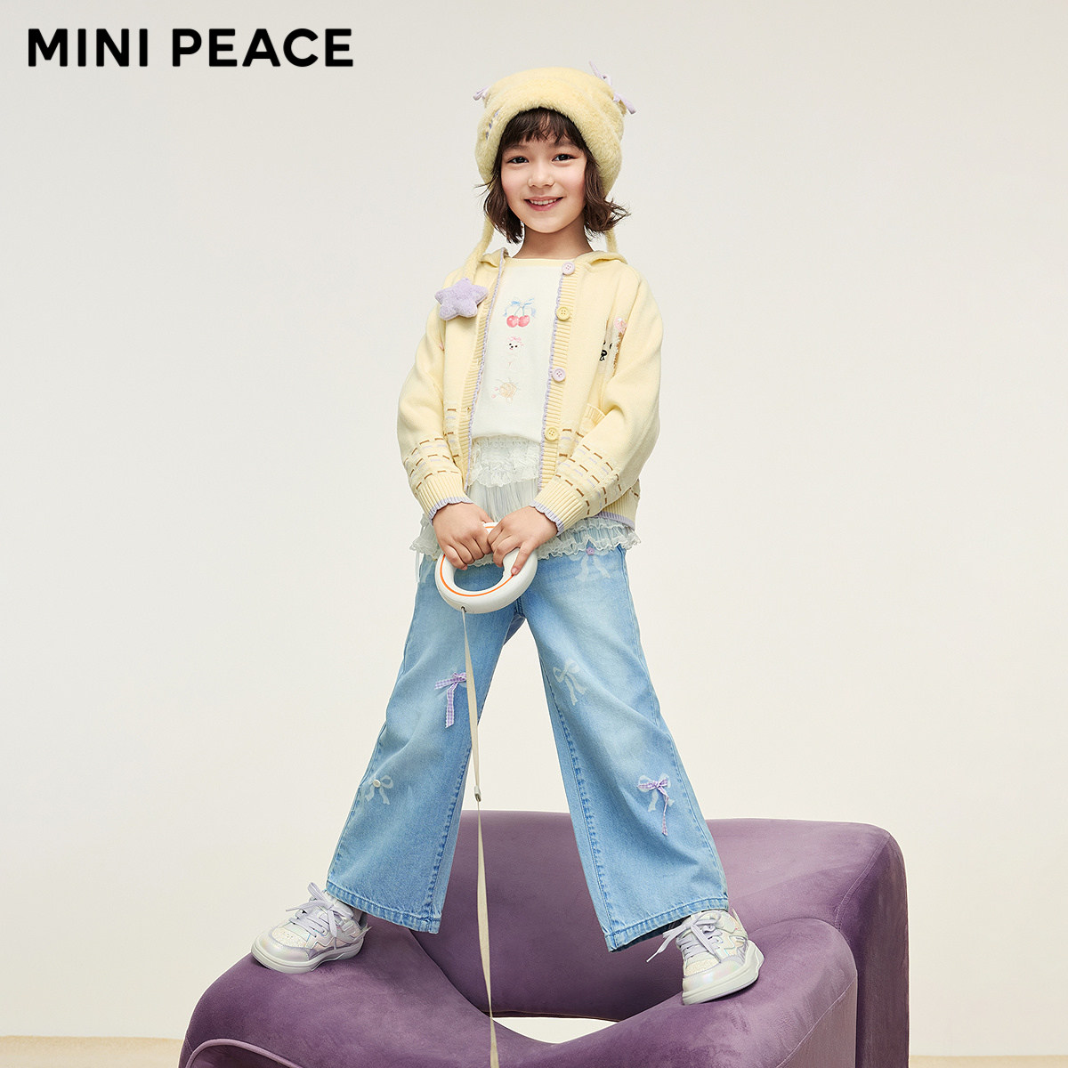 【专柜同款】MINIPEACE太平鸟童装女童牛仔裤秋季蝴蝶结拖地裤F2HAF3279