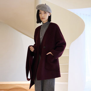 Dekashell/迪卡轩2025冬季新款女士双面呢大衣V领毛呢外套R473522