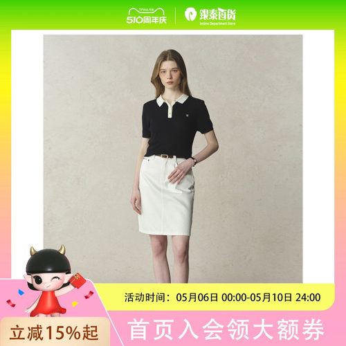 Eland衣恋 T恤女甜美polo领 撞色短袖上衣
