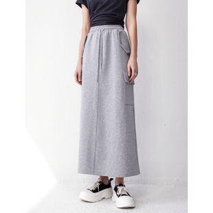 工装 百家好运动风灰色直筒半身裙2024秋季 a字卫衣裙 House Basic