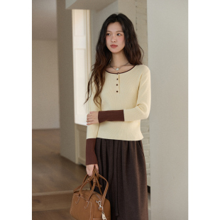 谜秀撞色半高领针织衫 复古慵懒宽松显瘦毛衣女MXE89Z2639 女秋冬女装