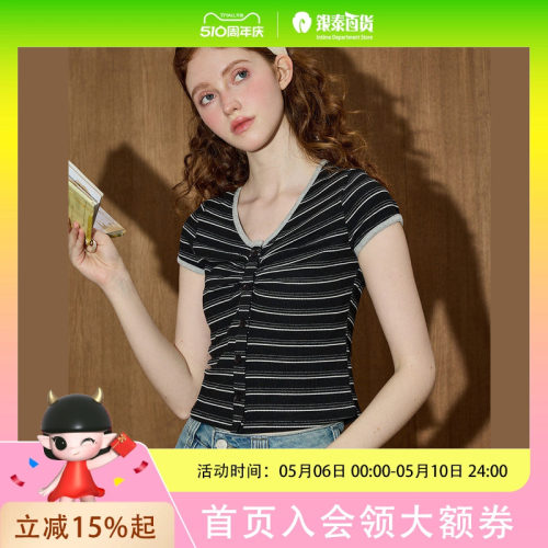 coolhut条纹撞色V领修身小衫短款短袖休闲上衣2025夏季新款T恤女
