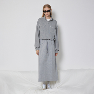 新款 百家好灰色学院风长裙女2024秋季 休闲显瘦灰色半身裙 House Basic