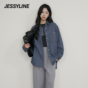杰茜莱2025秋季新款时尚休闲宽松条纹通勤风长袖衬衫女 jessyline