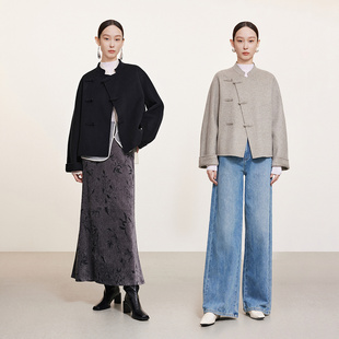 商场同款naivee纳薇24冬新款美利奴纯羊毛盘扣双面毛呢短款大衣女