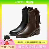 百思图2025冬粗跟显瘦V口骑士短靴女加绒马丁靴F3013DZ5