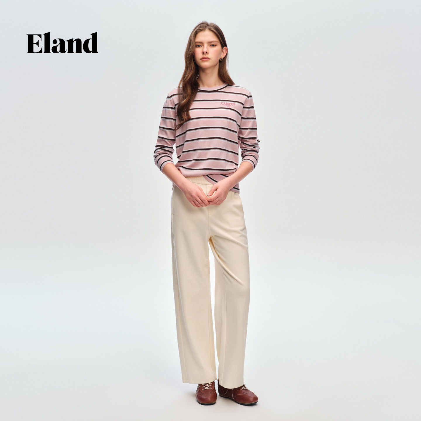 Eland衣恋 毛衣女时尚撞色条纹圆领套头针织衫