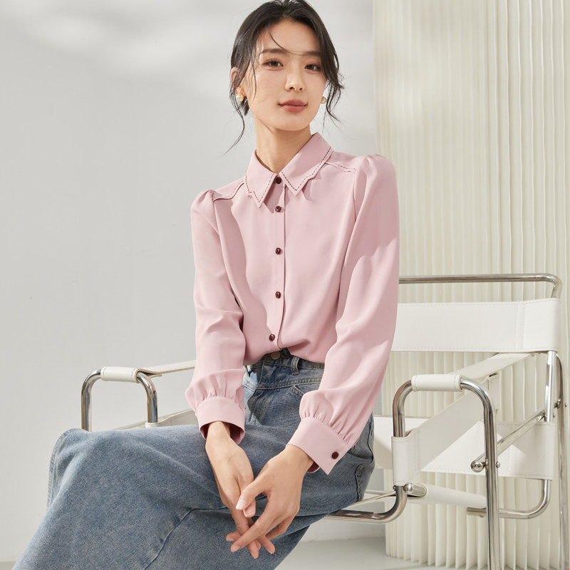 曼贝衬衫女2024春秋洋气减龄长袖上衣小个子法式雪纺衬衣8491054