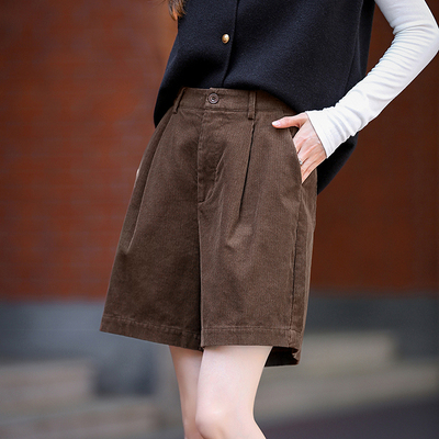dme德玛纳【氧气舒适】秋季舒适保暖灯芯绒短裤褶皱阔腿短款通勤女式休闲裤G540322212301