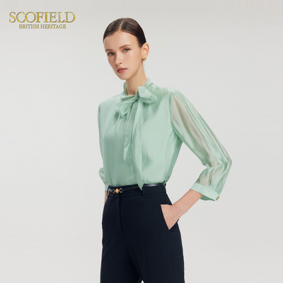 Scofield女装法式七分袖雪纺薄荷曼波蝴蝶结领衬衣2025春季