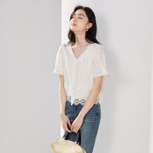 香影法式白色刺绣镂空衬衫开衫女2025夏新款v领花边拼接短袖上衣