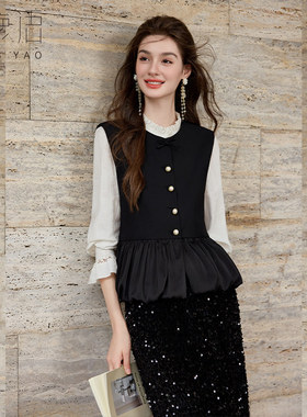 白鹿语优雅黑色无袖马甲背心女减龄外穿叠穿短款上衣马夹ZBY50110