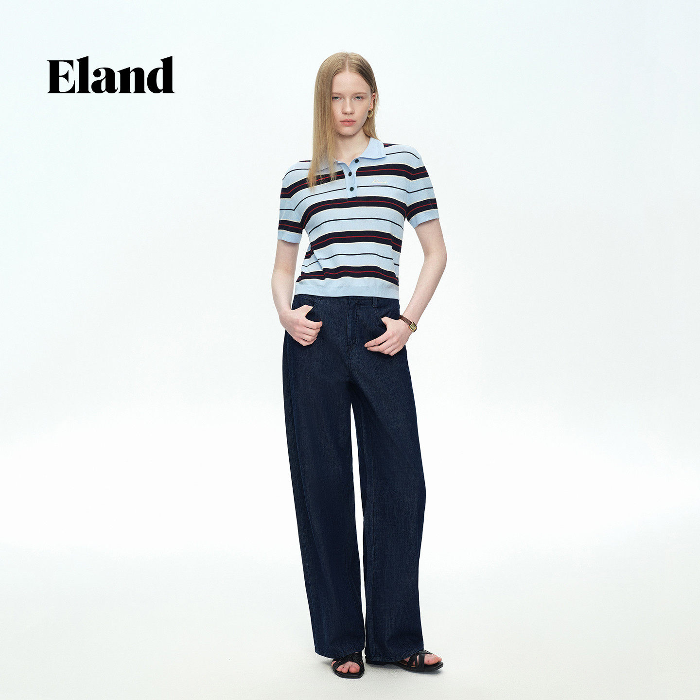 Eland衣恋牛仔裤女时尚休闲蓝色弯刀裤高腰显瘦裤子2026春夏新款EETJG24E01