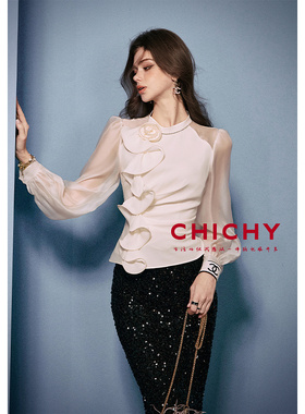 【质感醋酸】CHICHY设计感花朵飘带衬衫白色内搭上衣CC1E005251