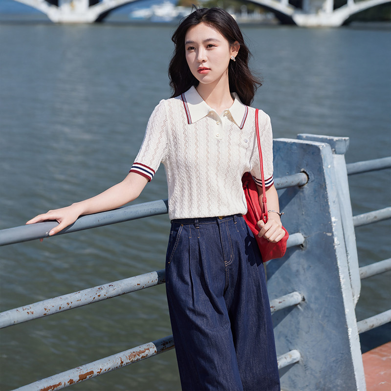 香影学院风polo衫短袖薄款针织t恤女夏2025上衣白色小衫