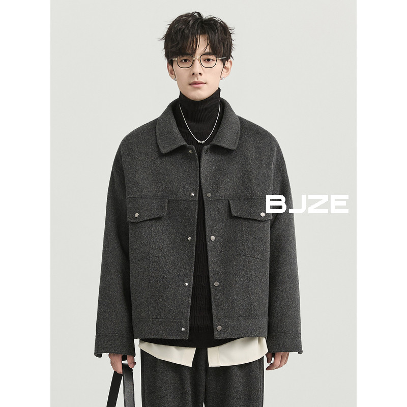 BJZE男装24冬季新款高级感定织羊毛双面呢夹克男短款韩版工装外套
