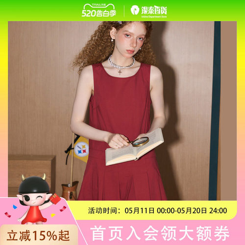 coolhut法式复古肩带百褶背心后背镂空系带A字2025夏连衣裙小红裙