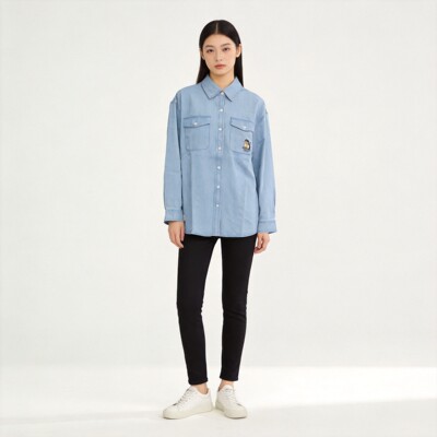 Teenie Weenie韩系休闲浅蓝色牛仔衬衫女长袖中长款宽松显瘦衬衣外套TTYP26M301Z