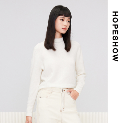 红袖HOPESHOW白色罗纹针织衫冬季女装半高领毛衣89123410115