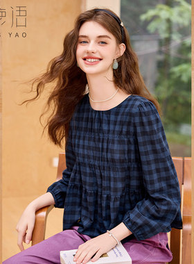 白鹿语韩系甜美复古格子衬衫春秋款设计感小众减龄显瘦长袖上衣ZBY50095