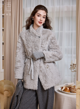 白鹿语千金风毛绒外套25秋冬新款立领厚款收腰系带高级感毛毛大衣BX20295