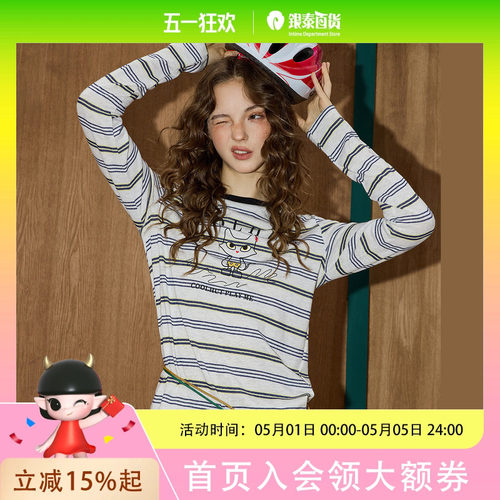 coolhut美式复古卡通印花条纹撞色圆领长袖休闲2025夏季女式T恤