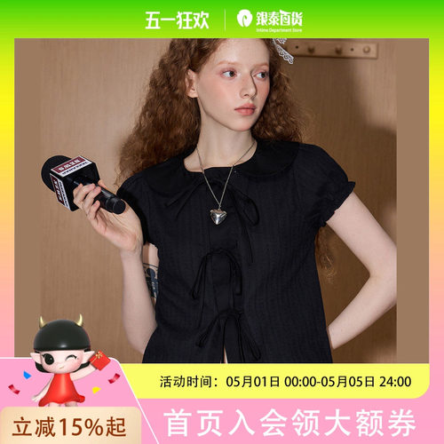 coolhut花苞袖木耳边系带蝴蝶结领2025夏季女衬衫短袖开衫上衣棉