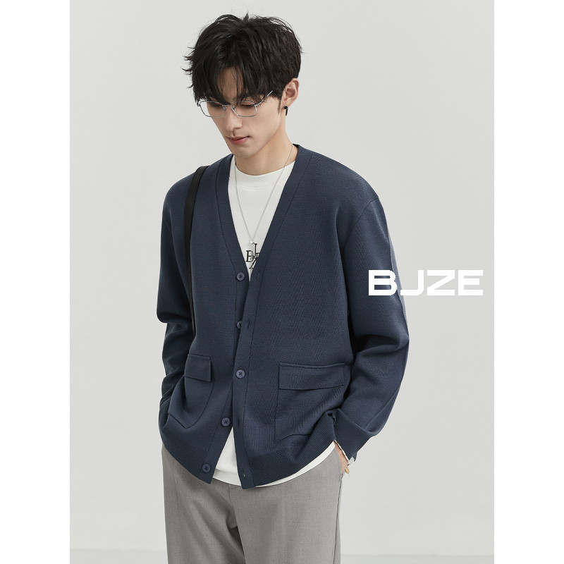BJZE男装24春季新款高端定织100纯羊毛针织衫外套韩版V领开衫上衣
