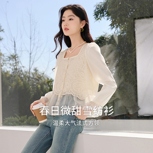 香影法式方领雪纺衬衫女2025秋季新款白色蕾丝小衫超好看单穿上衣