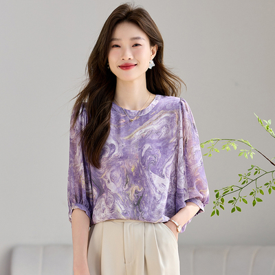 KCOR夏季女式上新法式印花五分袖薄款透气雪纺衫上衣9K0J04710