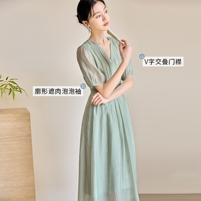 香影新中式 连衣裙女夏2025新款淡人浅绿色收腰国风裙子