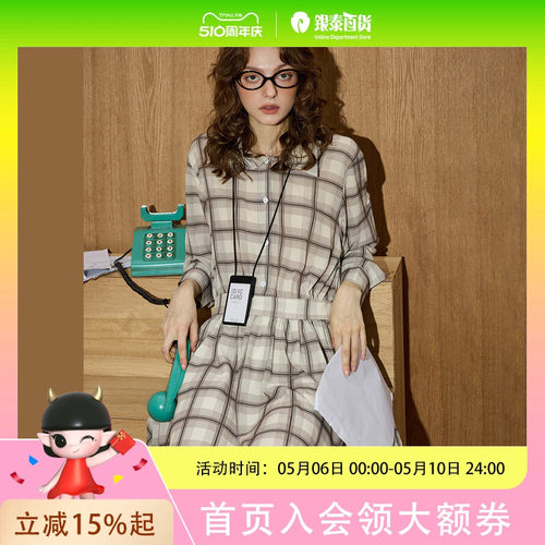 coolhut【老钱风】格纹设计感2025秋季长袖收腰显瘦翻领连衣裙