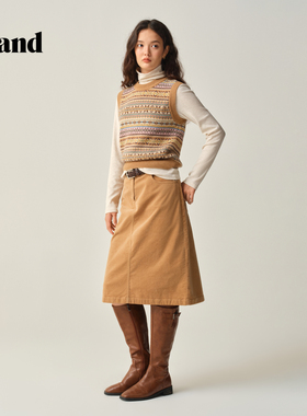 Eland衣恋马夹女时尚无袖圆领撞色提花上衣短款2025冬季