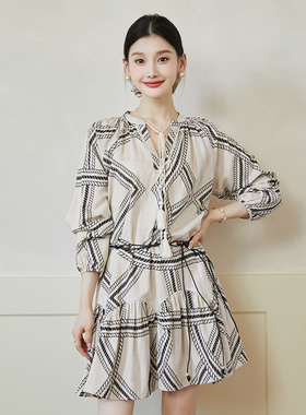 TomorrowRose莱赛尔亚麻度假系列几何印花系带领连衣裙2512138