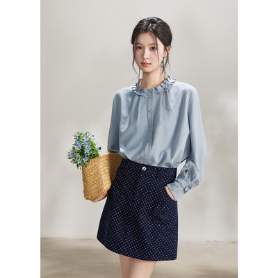 谜秀法式木耳边衬衫女春季领气质设计感上衣女MXF11C2431