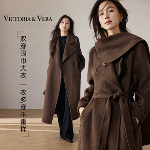 深棕色调收腰剪裁 VICTORIA&VERA 大翻领系带羊毛呢长大衣 棕调雾叙 通勤艺术感 冬季