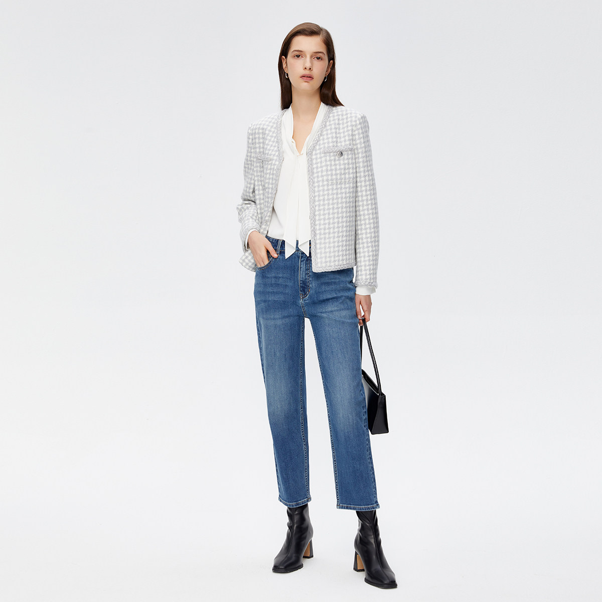 PRICH2024春复古香风格纹粗花呢V领通勤西装外套女PRJKE1C04T